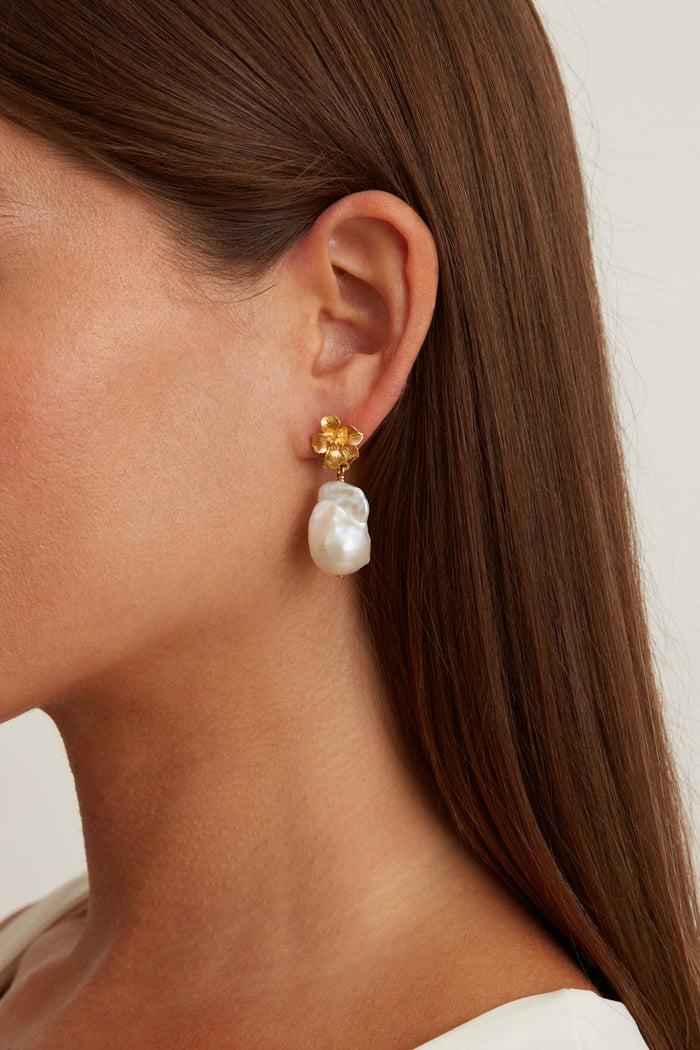 Chan Luu Gold Hibiscus Pearl Drop Earrings Earrings