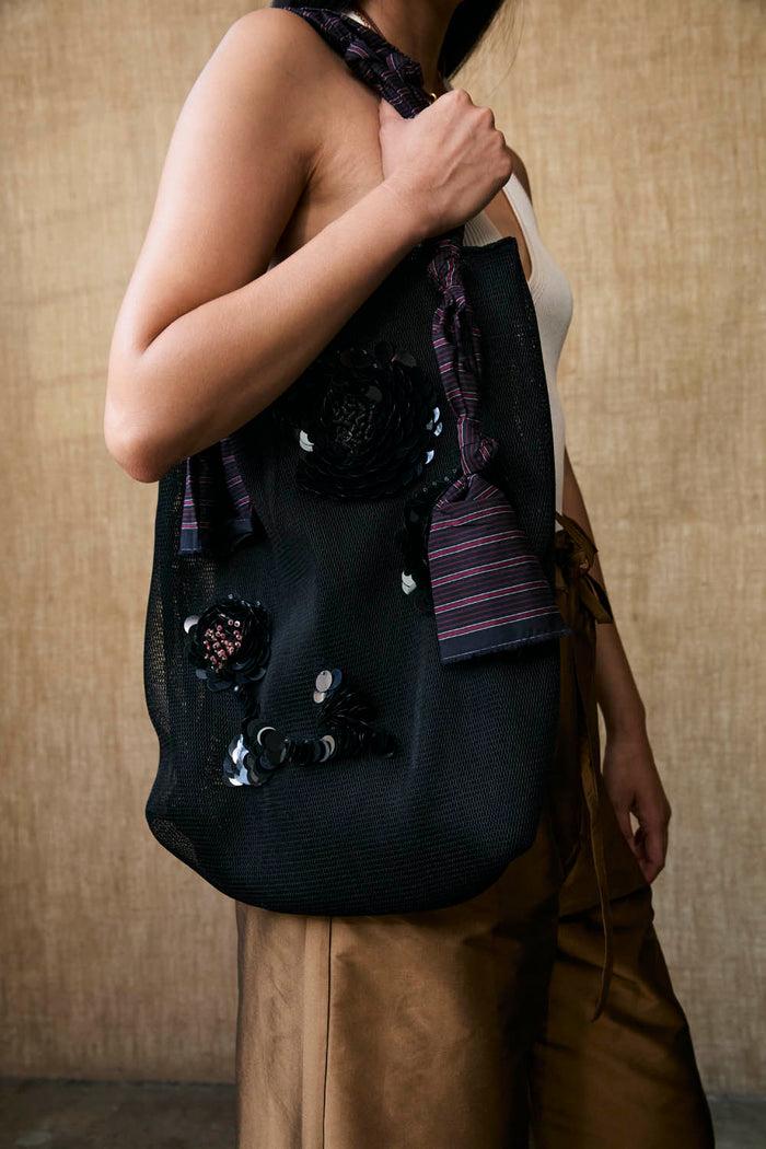 Chan Luu Mesh Net Tote Black Sequin Floral Accessories