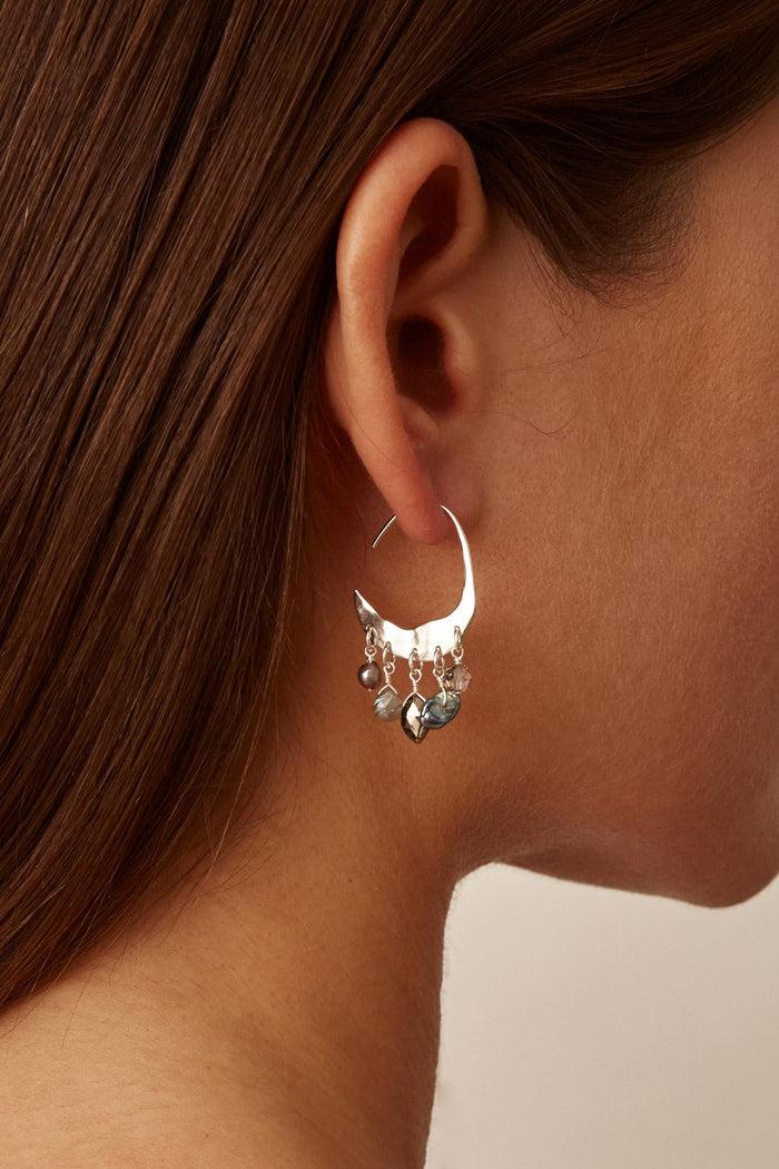 Chan Luu Petite Crescent Grey Pearl And Labradorite Mix Silver Hoop Earrings Earrings