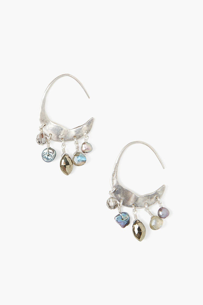 chan luu Petite Crescent Grey Pearl and Labradorite Mix Silver Hoop Earrings Earrings