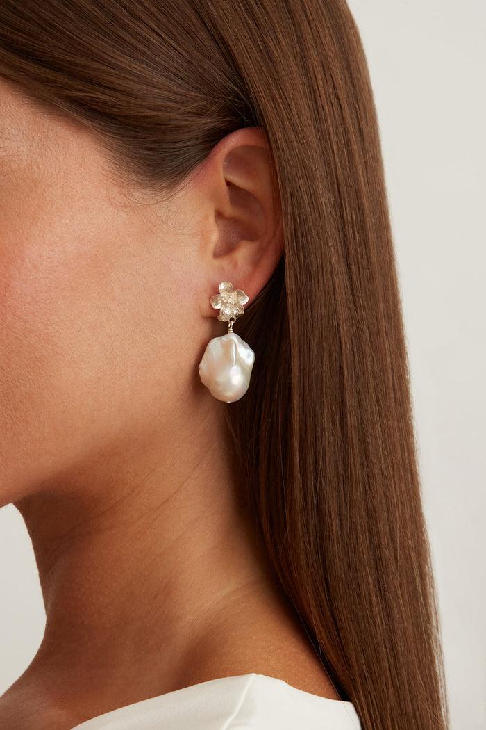 Chan Luu Silver Hibiscus Pearl Drop Earrings Earrings