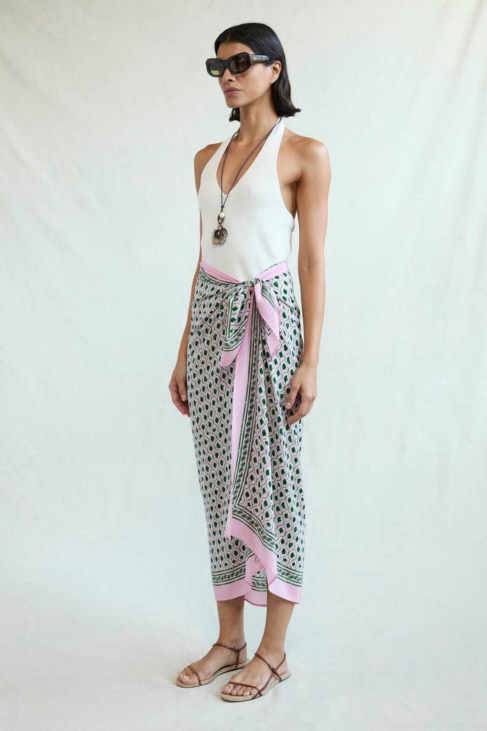 Chan Luu Watercolor Tile Print Silk Sarong Green RTW