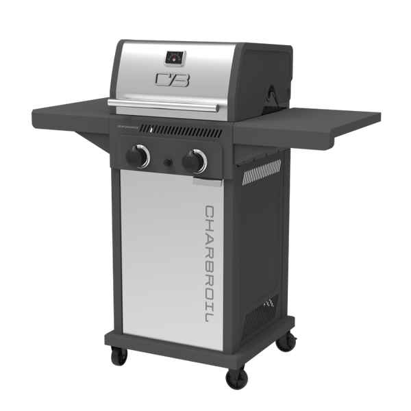char Broil Performance Series™ FlavorMax™ 2 Burner Gas Grill Cabinet With Foldable Side Shelves Gray Stainless