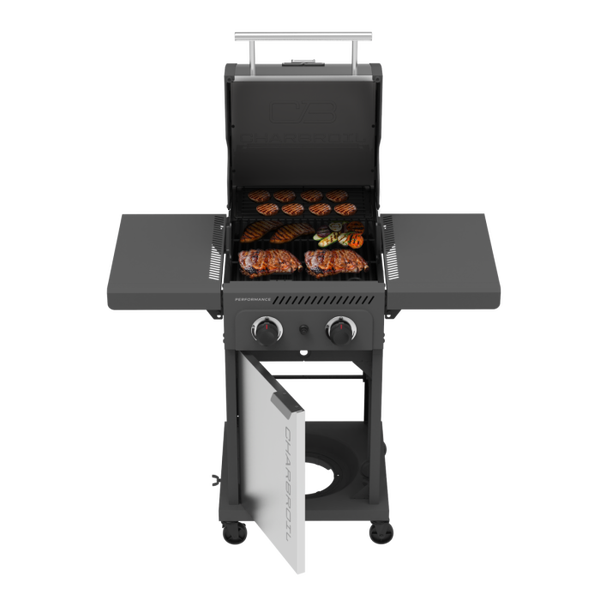 char Broil Performance Series™ FlavorMax™ 2 Burner Gas Grill Cabinet With Foldable Side Shelves Gray Stainless