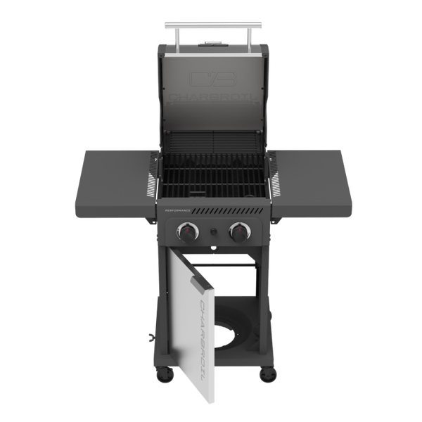 char Broil Performance Series™ FlavorMax™ 2 Burner Gas Grill Cabinet With Foldable Side Shelves Gray Stainless
