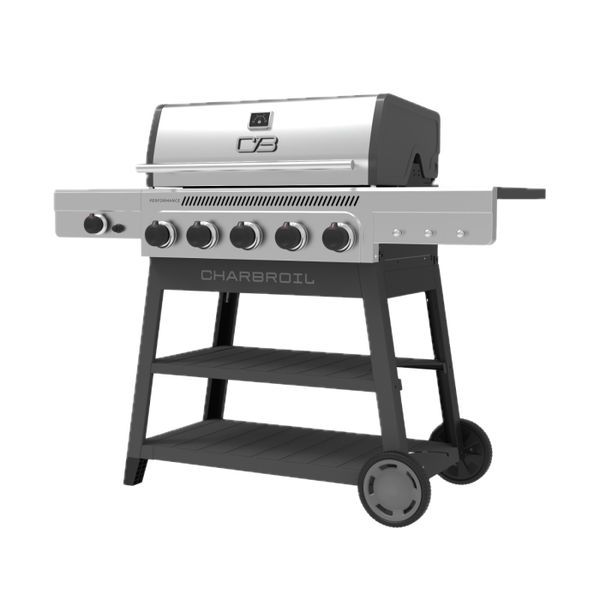 Char Broil Performance Series™ FlavorMax™ 5 Burner Gas Grill Cart With Side Burner Gray Stainless