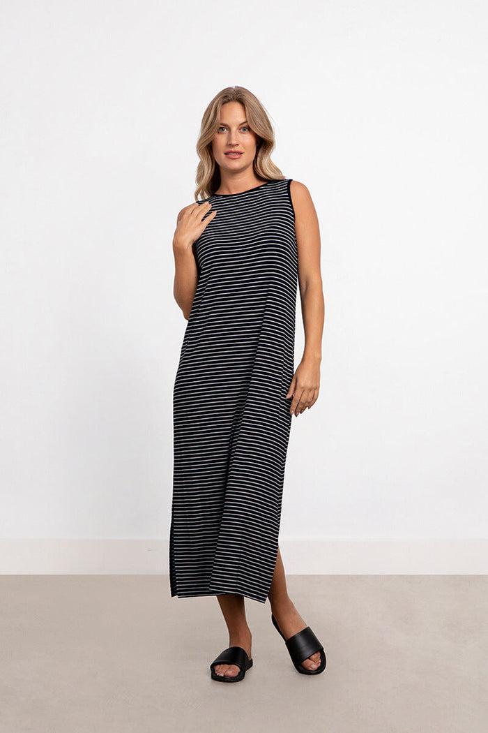 Charisma Bamboo Stripe Reversible Slit Dress Dress Black/White