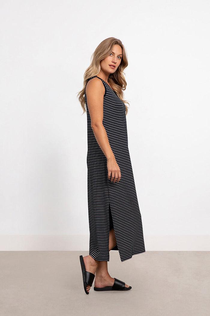 Charisma Bamboo Stripe Reversible Slit Dress Dress Black/White