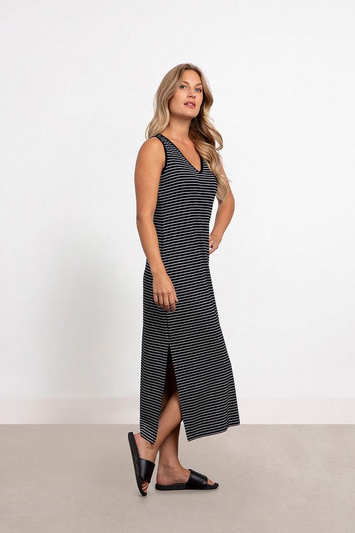 charisma Bamboo Stripe Reversible Slit Dress Dress Black/White