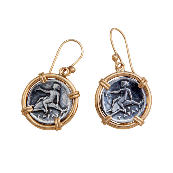 Charles Albert Sterling Silver And Alchemia Boy On Dolphin Replica Coin Prong Drop Earrings Sterling Silver Earrings