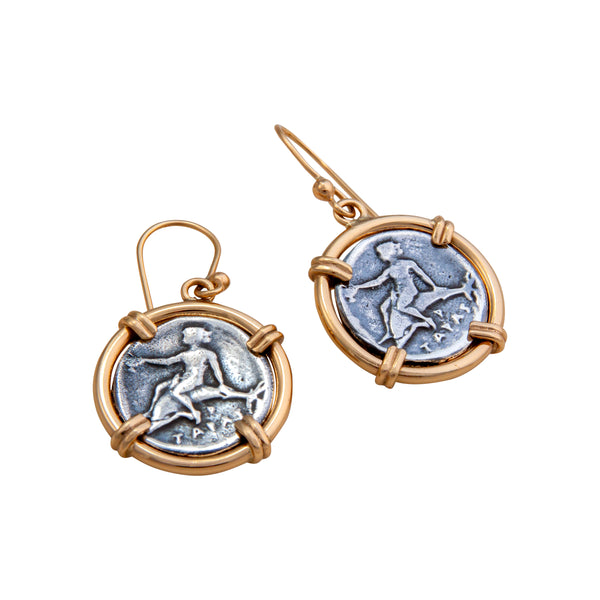 Charles Albert Sterling Silver And Alchemia Boy On Dolphin Replica Coin Prong Drop Earrings Sterling Silver Earrings