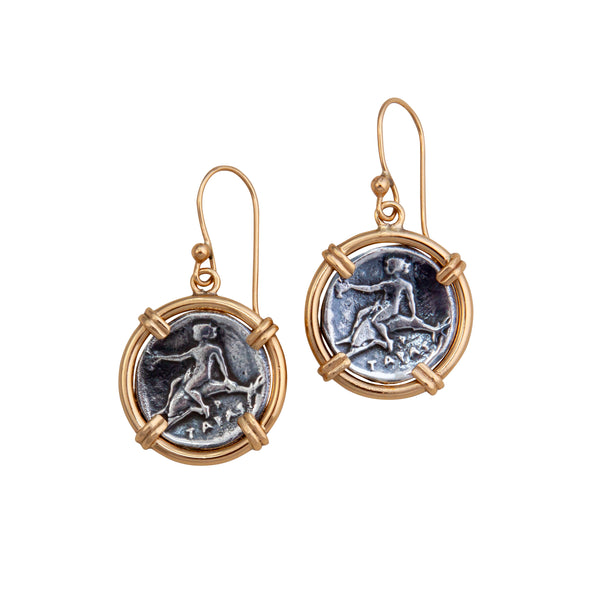 charles albert Sterling Silver and Alchemia Boy on Dolphin Replica Coin Prong Drop Earrings Sterling Silver Earrings