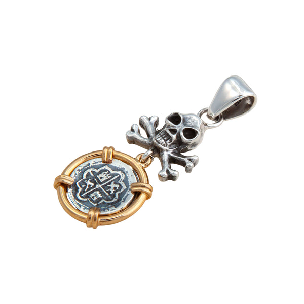 Charles Albert Sterling Silver And Alchemia Crossbones Skull And Replica Spanish Coin Pendant Sterling Silver Pendants