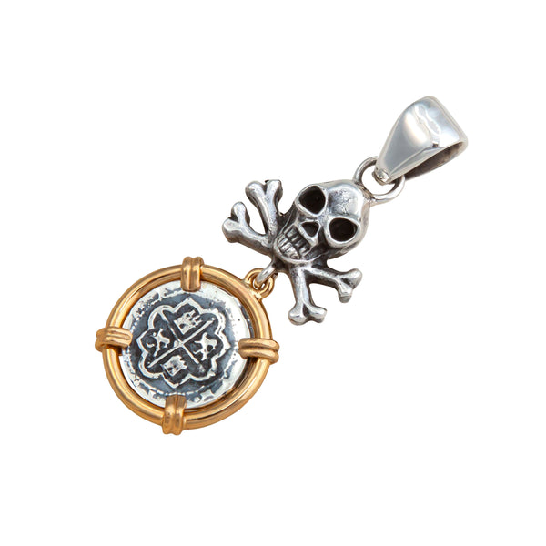 charles albert Sterling Silver and Alchemia Crossbones Skull and Replica Spanish Coin Pendant Sterling Silver Pendants