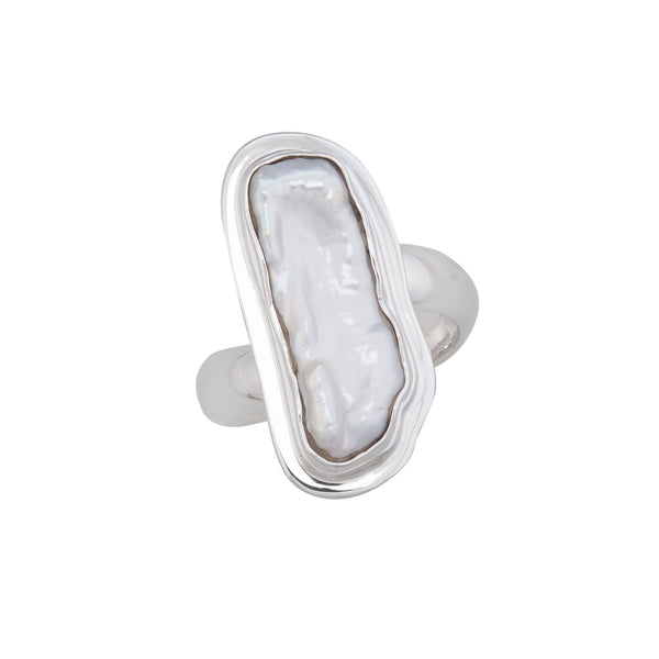 Charles Albert Sterling Silver Biwa Pearl Adjustable Ring With Detailed Edge Sterling Silver Rings
