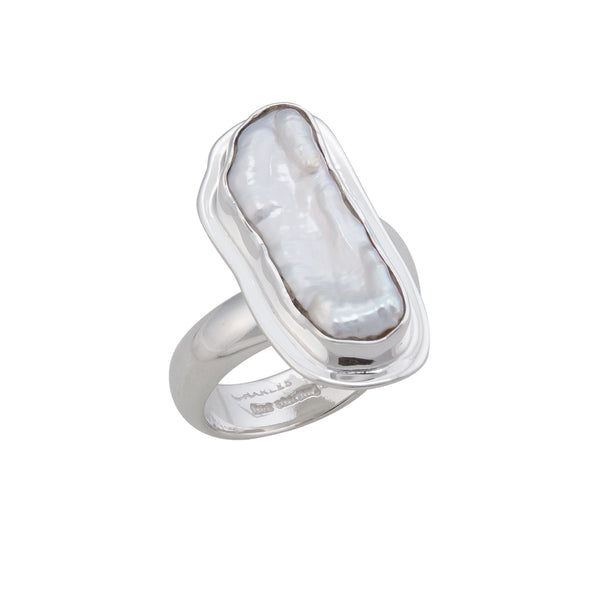 Charles Albert Sterling Silver Biwa Pearl Adjustable Ring With Detailed Edge Sterling Silver Rings