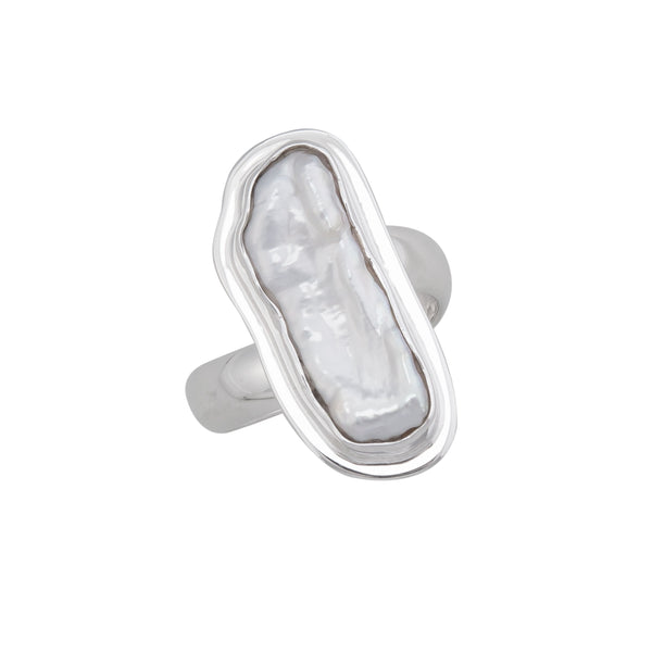 charles albert Sterling Silver Biwa Pearl Adjustable Ring with Detailed Edge Sterling Silver Rings