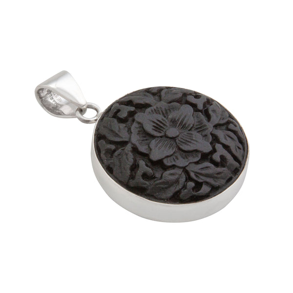 Charles Albert Sterling Silver Black Cinnabar Flower Pendant Sterling Silver Pendants