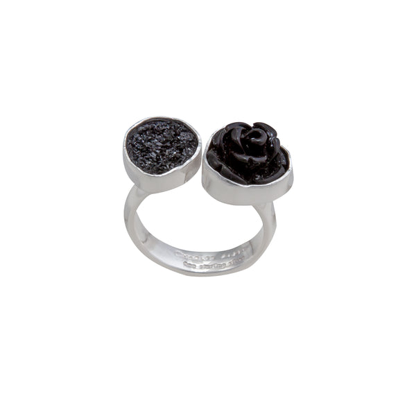 Charles Albert Sterling Silver Black Resin Rose And Black Druzy Floating Adjustable Ring Sterling Silver Rings