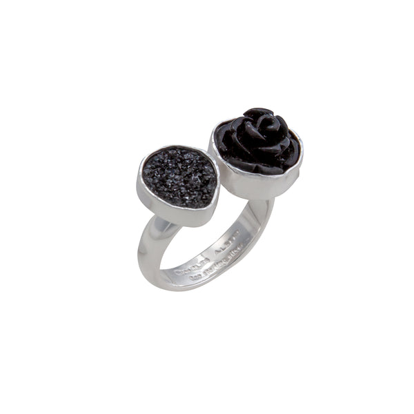 Charles Albert Sterling Silver Black Resin Rose And Black Druzy Floating Adjustable Ring Sterling Silver Rings