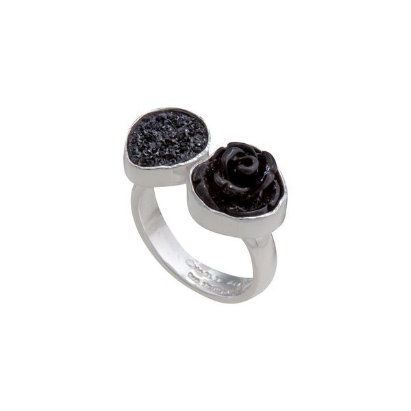 Charles Albert Sterling Silver Black Resin Rose And Black Druzy Floating Adjustable Ring Sterling Silver Rings