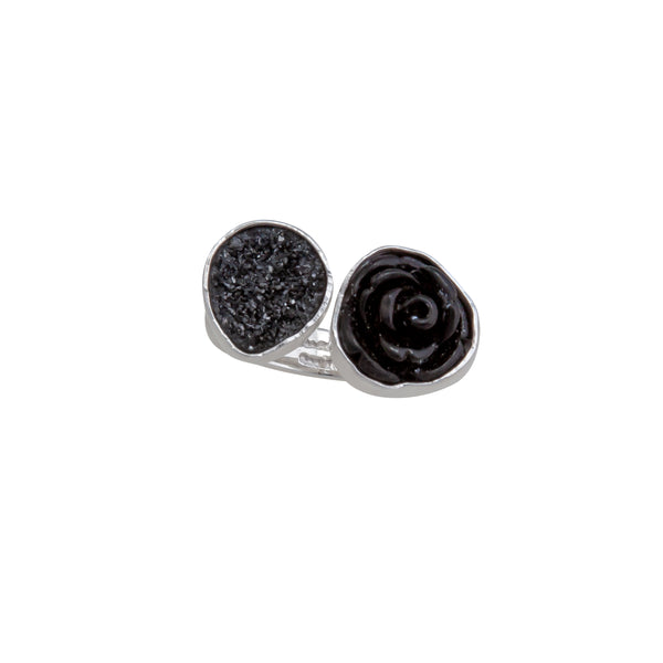 charles albert Sterling Silver Black Resin Rose and Black Druzy Floating Adjustable Ring Sterling Silver Rings