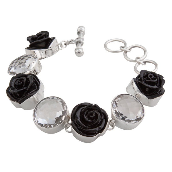 Charles Albert Sterling Silver Black Resin Rose And Clear Quartz Bracelet Sterling Silver Bracelets + Cuffs