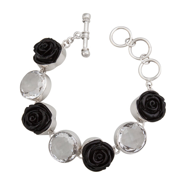 charles albert Sterling Silver Black Resin Rose and Clear Quartz Bracelet Sterling Silver Bracelets + Cuffs