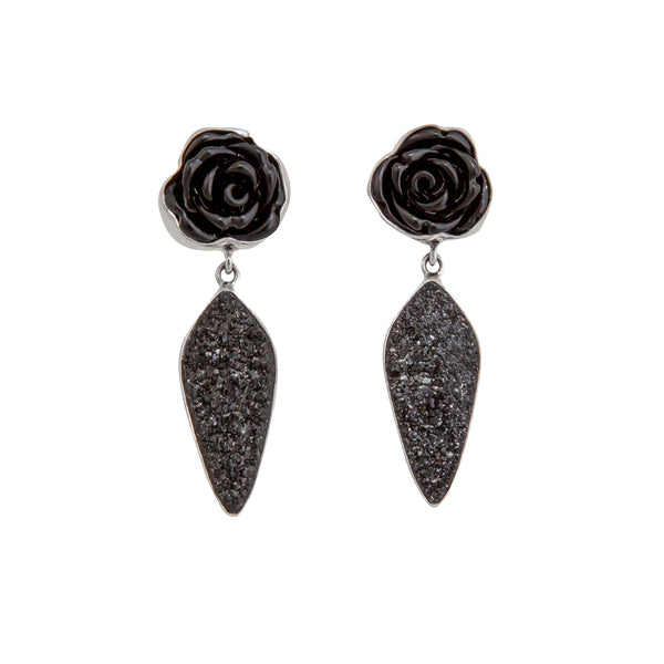 Charles Albert Sterling Silver Black Resin Rose & Black Druzy Post Earrings Sterling Silver Earrings