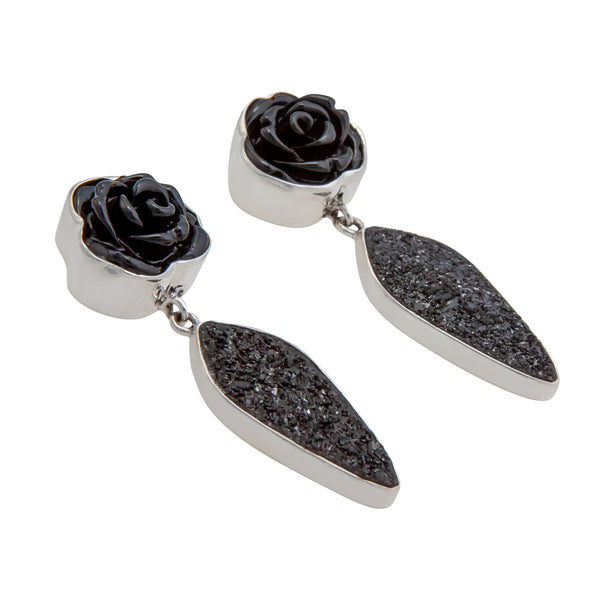 Charles Albert Sterling Silver Black Resin Rose & Black Druzy Post Earrings Sterling Silver Earrings