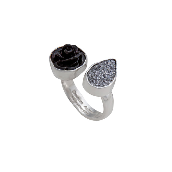 Charles Albert Sterling Silver Black Resin Rose & Platinum Druzy Floating Adjustable Ring Sterling Silver Rings