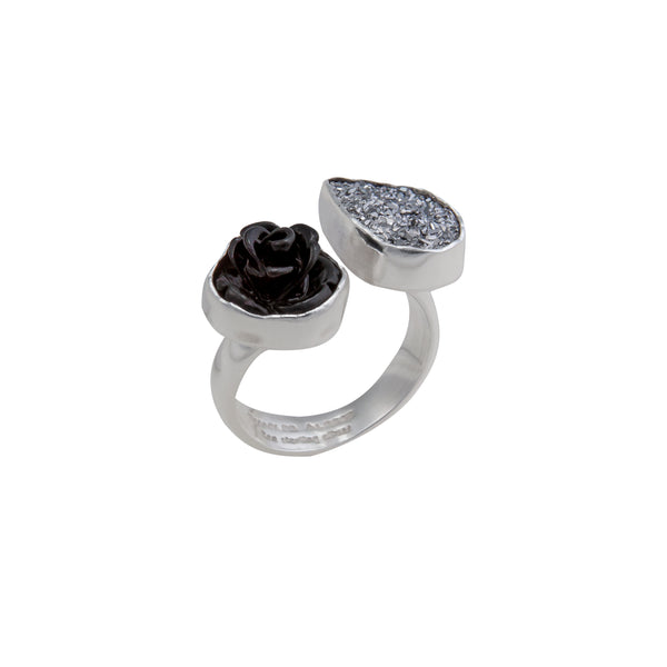 Charles Albert Sterling Silver Black Resin Rose & Platinum Druzy Floating Adjustable Ring Sterling Silver Rings