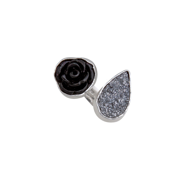 charles albert Sterling Silver Black Resin Rose & Platinum Druzy Floating Adjustable Ring Sterling Silver Rings