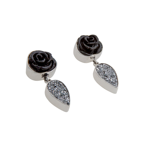 Charles Albert Sterling Silver Black Resin Rose & Platinum Druzy Post Earrings Sterling Silver Earrings