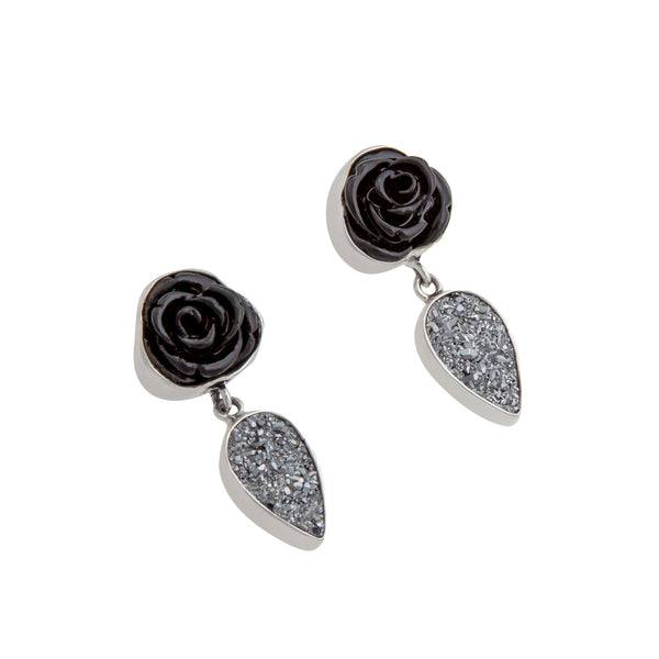 Charles Albert Sterling Silver Black Resin Rose & Platinum Druzy Post Earrings Sterling Silver Earrings