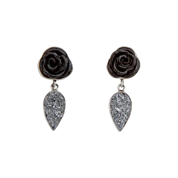 charles albert Sterling Silver Black Resin Rose & Platinum Druzy Post Earrings Sterling Silver Earrings