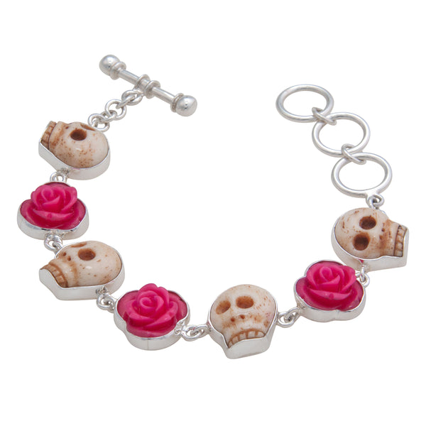 Charles Albert Sterling Silver Bone Skull And Pink Rose Bracelet Sterling Silver Bracelets + Cuffs