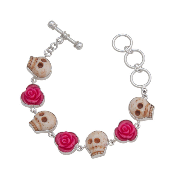 charles albert Sterling Silver Bone Skull and Pink Rose Bracelet Sterling Silver Bracelets + Cuffs