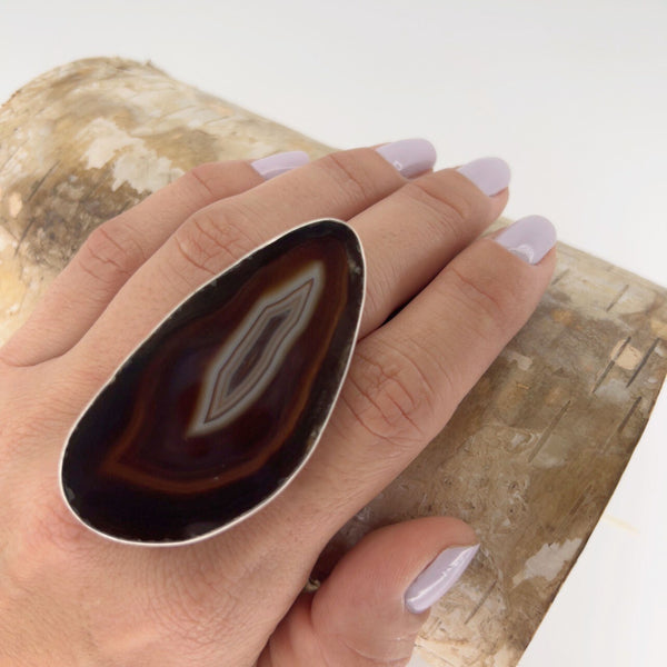 Charles Albert Sterling Silver Brown/Nude Agate Slice Adjustable Ring 30% Off - Discontinued Items
