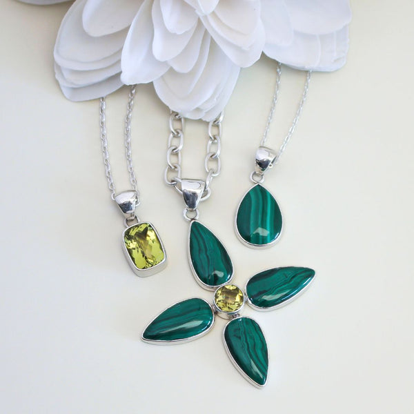 Charles Albert Sterling Silver Citrine And Malachite Flower Pendant Sterling Silver Pendants