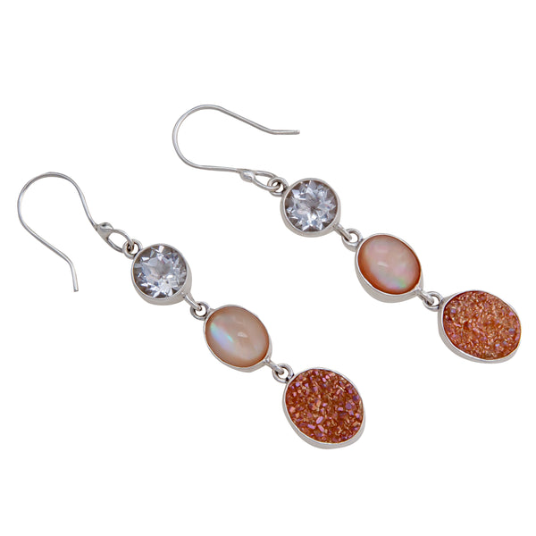 Charles Albert Sterling Silver Clear Quartz Mother Of Pearl And Peach Druzy Drop Earrings Sterling Silver Earrings