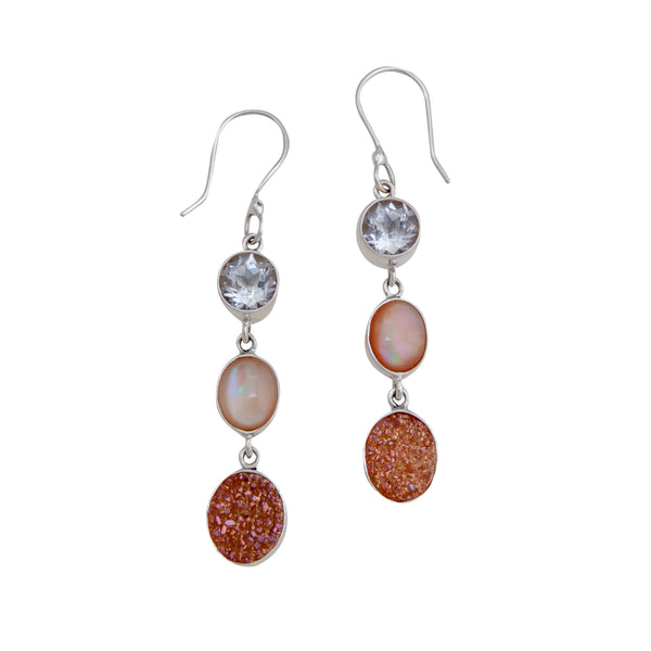 charles albert Sterling Silver Clear Quartz Mother of Pearl and Peach Druzy Drop Earrings Sterling Silver Earrings