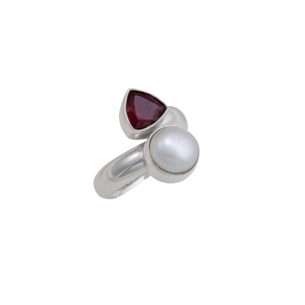 Charles Albert Sterling Silver Garnet And Pearl Bypass Adjustable Ring Sterling Silver Rings