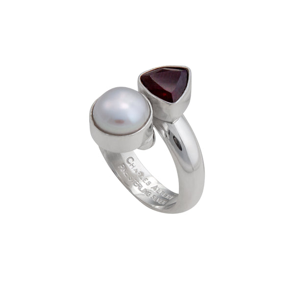 Charles Albert Sterling Silver Garnet And Pearl Bypass Adjustable Ring Sterling Silver Rings