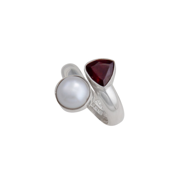 Charles Albert Sterling Silver Garnet And Pearl Bypass Adjustable Ring Sterling Silver Rings