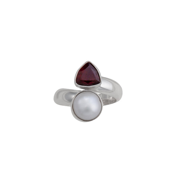 charles albert Sterling Silver Garnet and Pearl Bypass Adjustable Ring Sterling Silver Rings