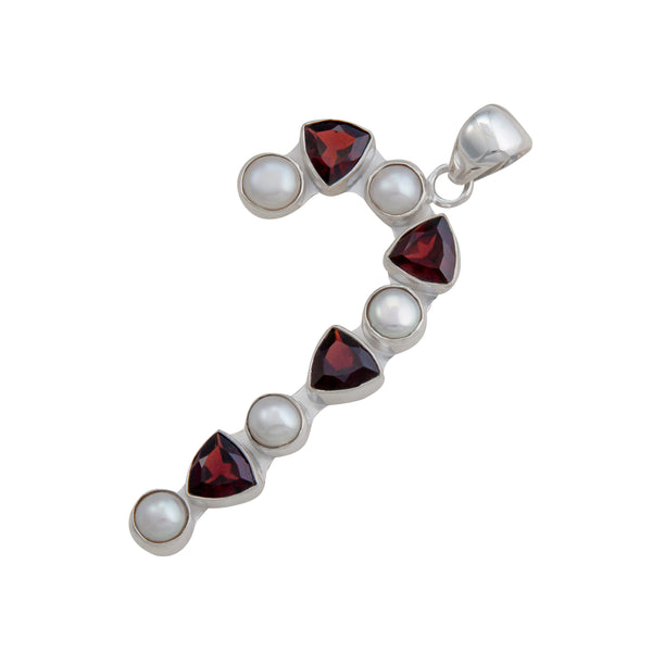 Charles Albert Sterling Silver Garnet And Pearl Candy Cane Pendant With Chain Included Sterling Silver Pendants