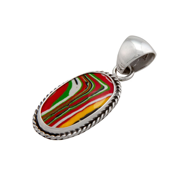 Charles Albert Sterling Silver Green Fordite Oval Rope Pendant Sterling Silver Pendants