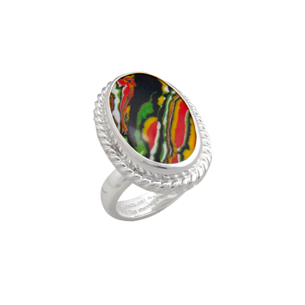 charles albert Sterling Silver Green Fordite Rope Adjustable Ring Sterling Silver Rings