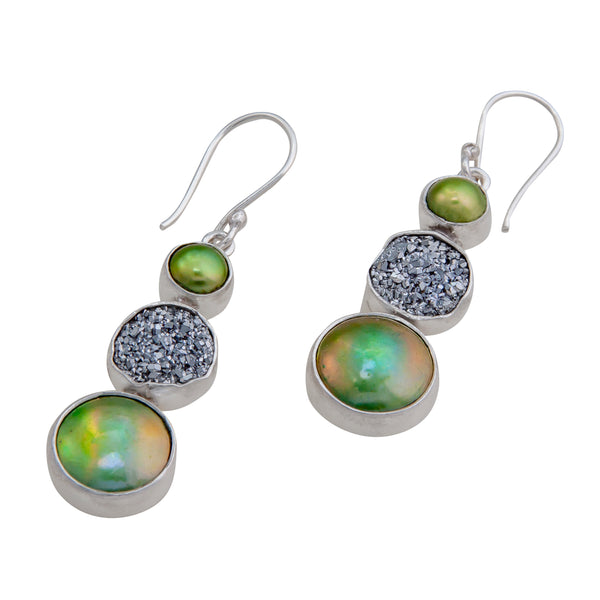 Charles Albert Sterling Silver Green Pearl & Platinum Druzy Drop Earrings Sterling Silver Earrings